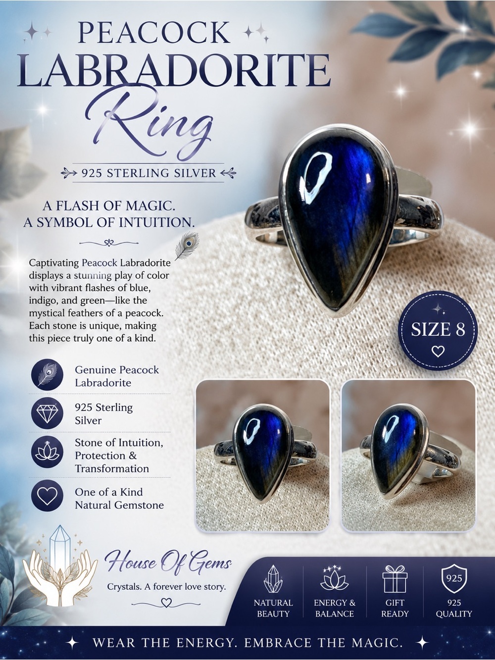 Peacock Labradorite Teardrop Ring - Blue Indigo Flash